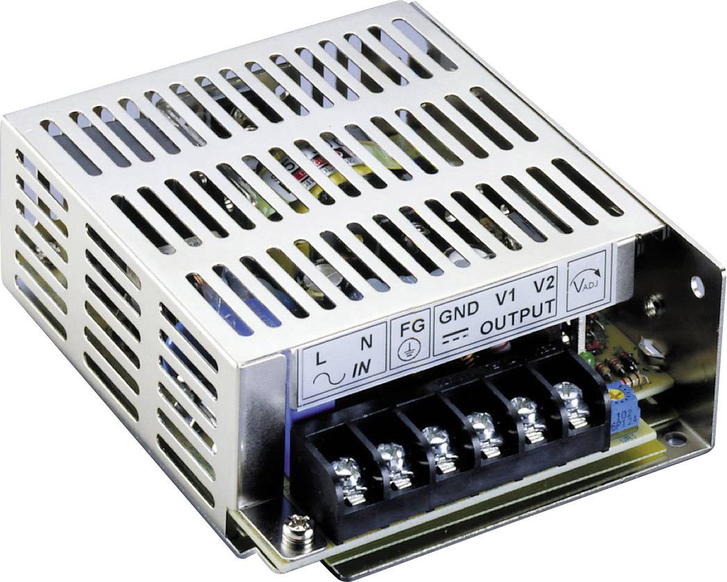 Un bloc d'alimentation rectangulaire en métal avec des fentes de ventilation et des connexions pour L, N, FG, V1, V2. Adapté aux applications industrielles.