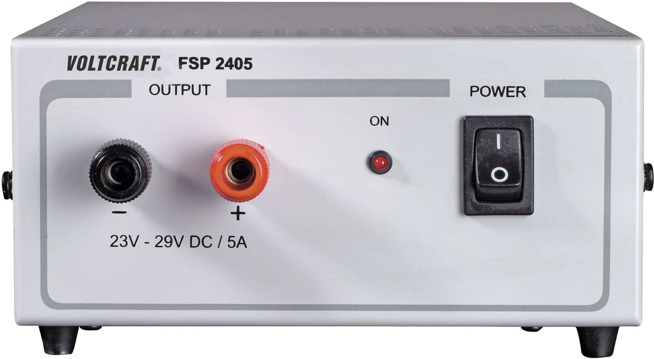 Un bloc d'alimentation Voltcraft, modèle FSP 2405, affiche des sorties de 23V à 29V DC/5A. Interrupteur marche/arrêt sur le côté droit.