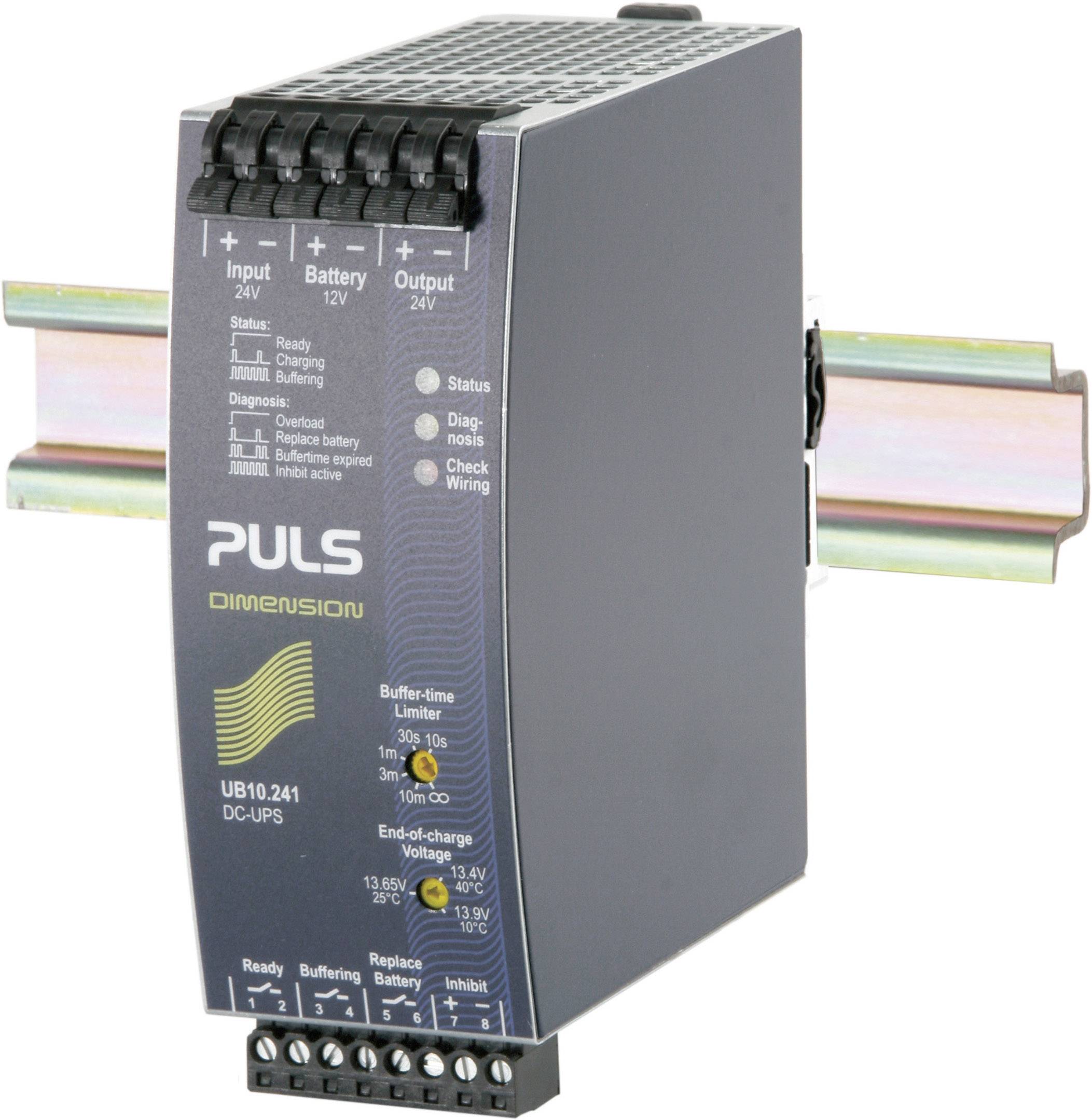 'Module PULS DIMENSION DC-USV monté sur rail DIN. Montre les connexions d'entrée et de sortie ainsi que l'indicateur de statut pour la batterie et l'alimentation électrique.'