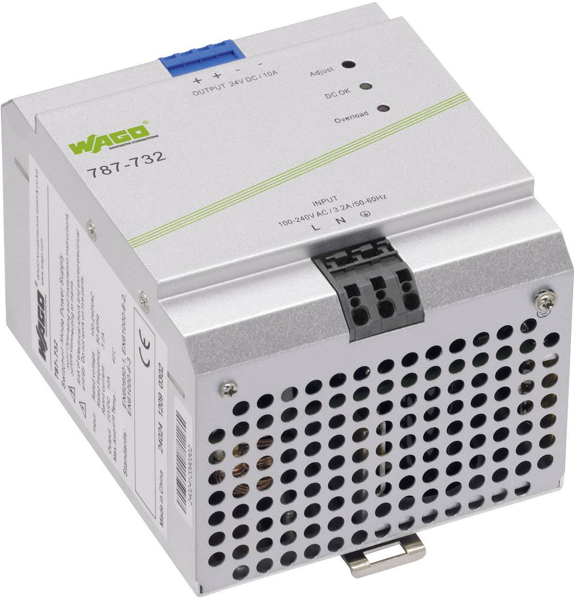 Alimentation Wago 787-732 ; Entrée : 100-240V, Sortie : 24V DC, 10A ; grise avec des fentes de ventilation et une étiquette verte en haut.