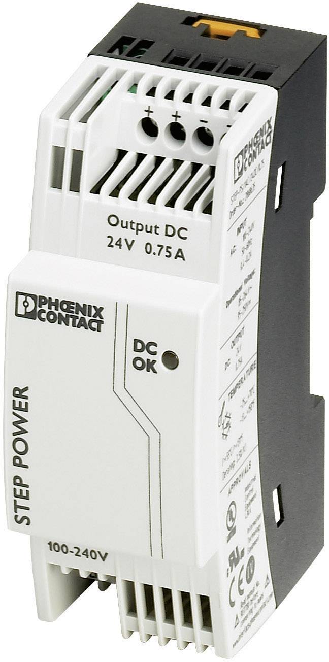 Un bloc d'alimentation blanc de Phoenix Contact portant l'inscription 'Sortie DC 24V 0,75A' et 'STEP POWER'.
