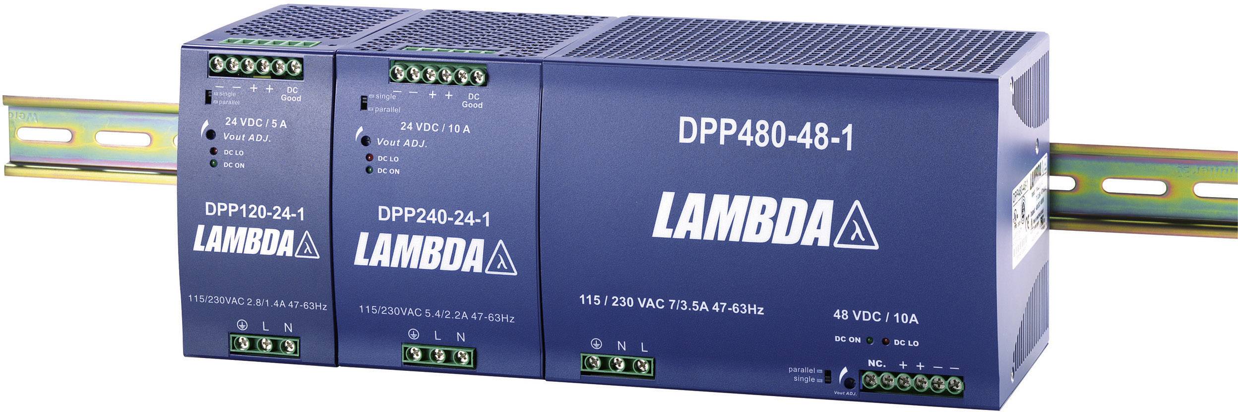 Bloc d'alimentation bleu portant l'inscription 'LAMBDA', fixé sur un rail DIN. Numéros de modèle et caractéristiques techniques sur la face avant.