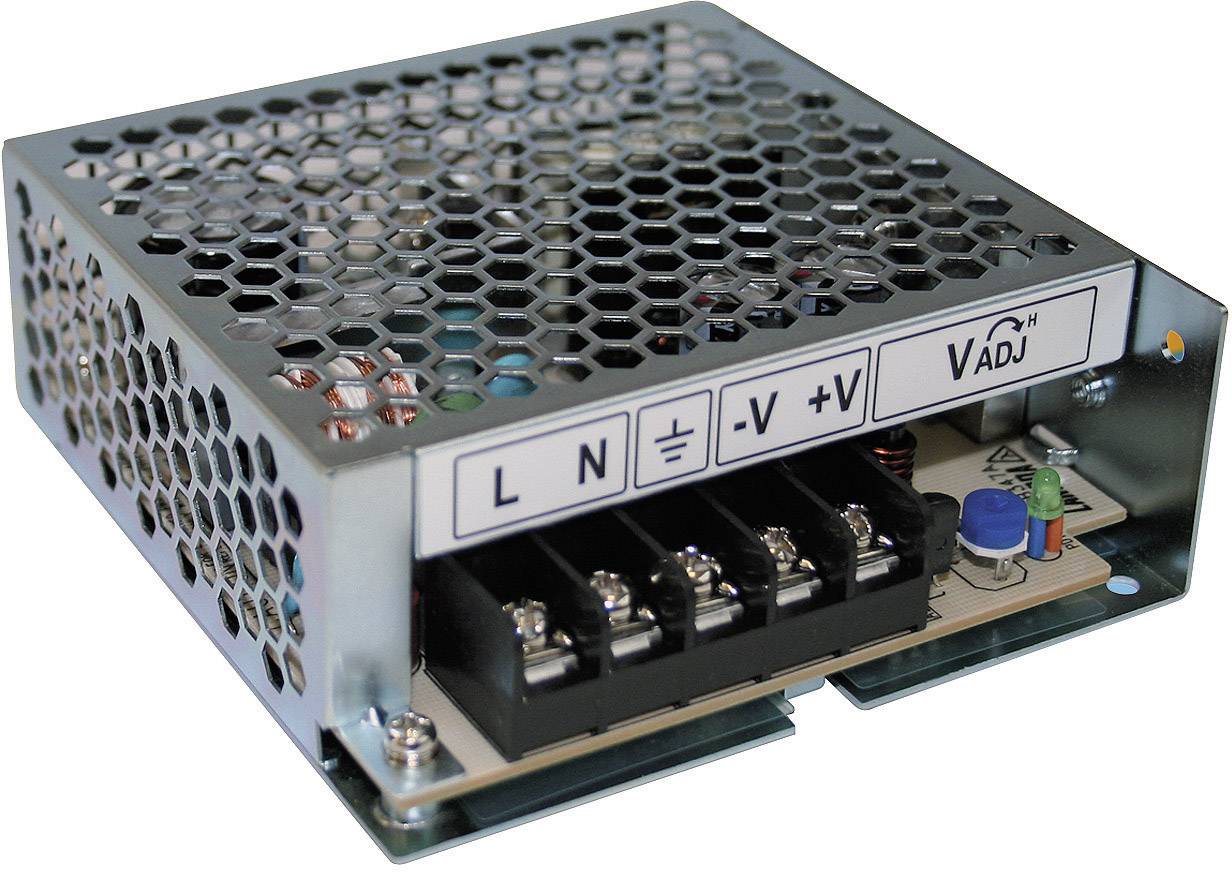 Un bloc d'alimentation avec grille de ventilation et étiquettes pour les connexions : 'L', 'N', 'V-' et 'V+'. Comprend également un interrupteur V-A.