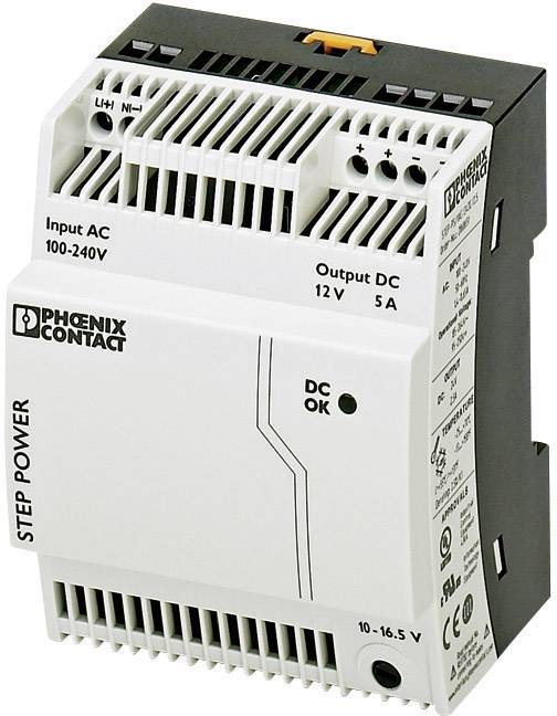 Un bloc d'alimentation à découpage blanc de Phoenix Contact, avec une plage d'entrée de 100-240V AC et une sortie de 12V DC, 5A, avec des voyants LED pour DC et OK.