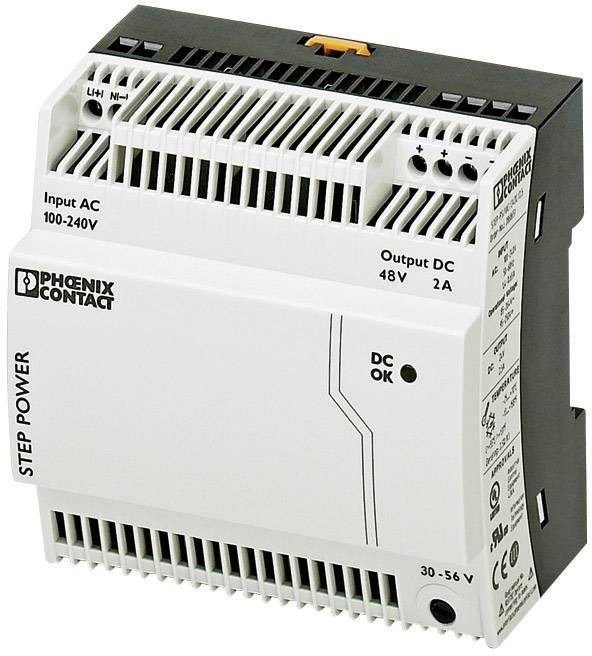 Appareil électronique d'alimentation électrique, boîtier blanc, portant l'inscription 'Phoenix Contact', avec tensions d'entrée et de sortie indiquées.
