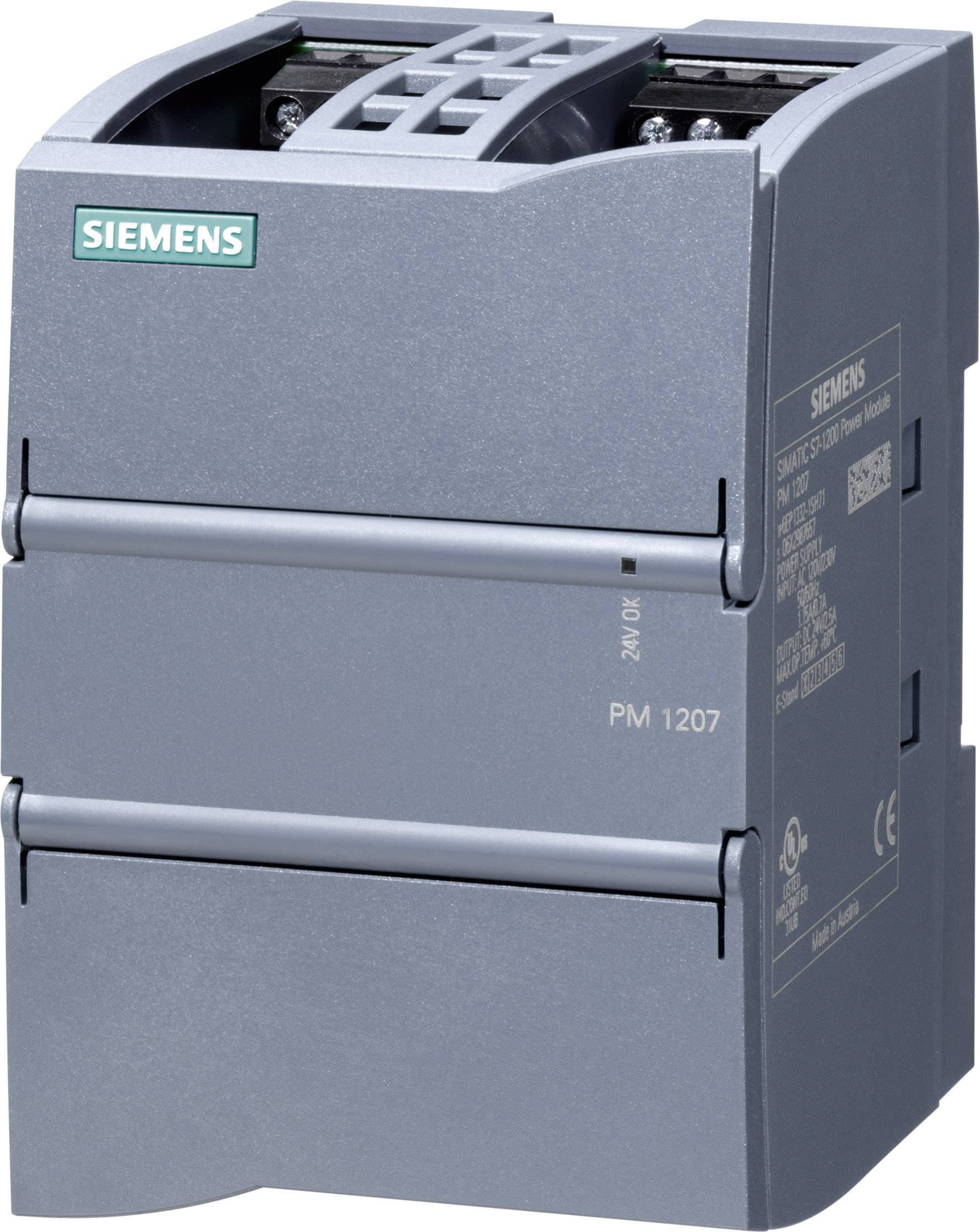 Module d'alimentation Siemens PM 1207 gris, montrant la vue de face de l'appareil avec des inscriptions et des connexions reconnaissables.