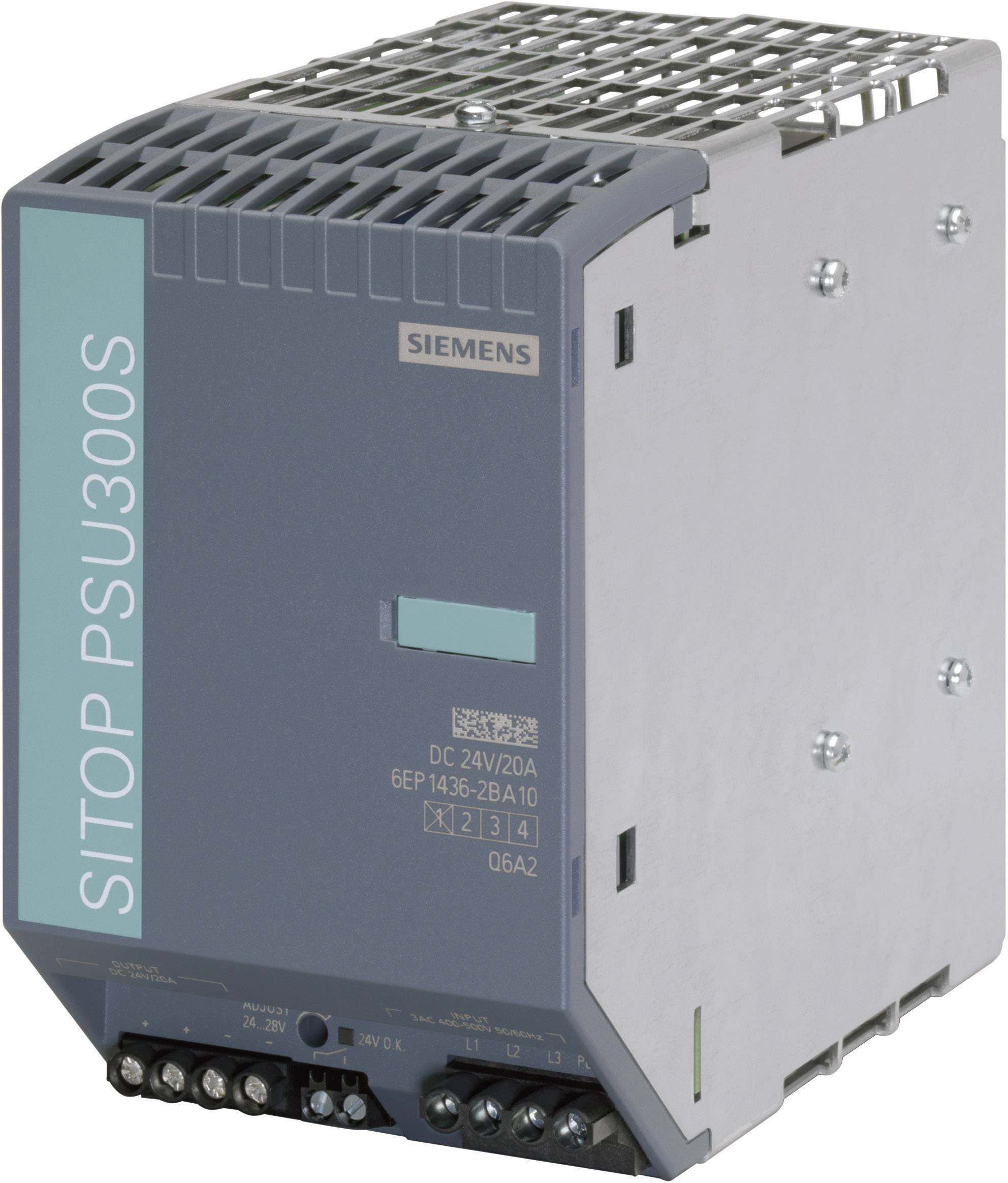 Siemens SITOP PSU300S Alimentation électrique à découpage, boîtier gris, numéro de modèle '6EP1436-2BA10', 24V DC, 20A, pour applications industrielles.