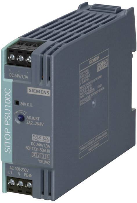 Siemens SITOP PSU100C alimentation électrique, design compact, entrée : 100-230V AC, sortie : 24V DC, 1,3A, alimentation électrique industrielle.