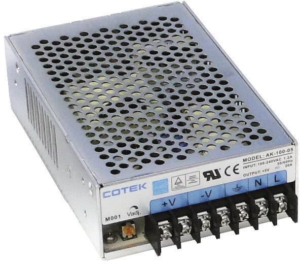 Un boîtier métallique avec des fentes de ventilation présente un modèle d'alimentation électrique 'Cotek AK-100-5' avec des spécifications de tension d'entrée et de sortie.