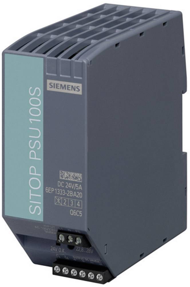 Un bloc d'alimentation Siemens SITOP PSU100S gris, modèle 6EP1333-2BA20, offre une puissance de sortie de 24V CC/5A.