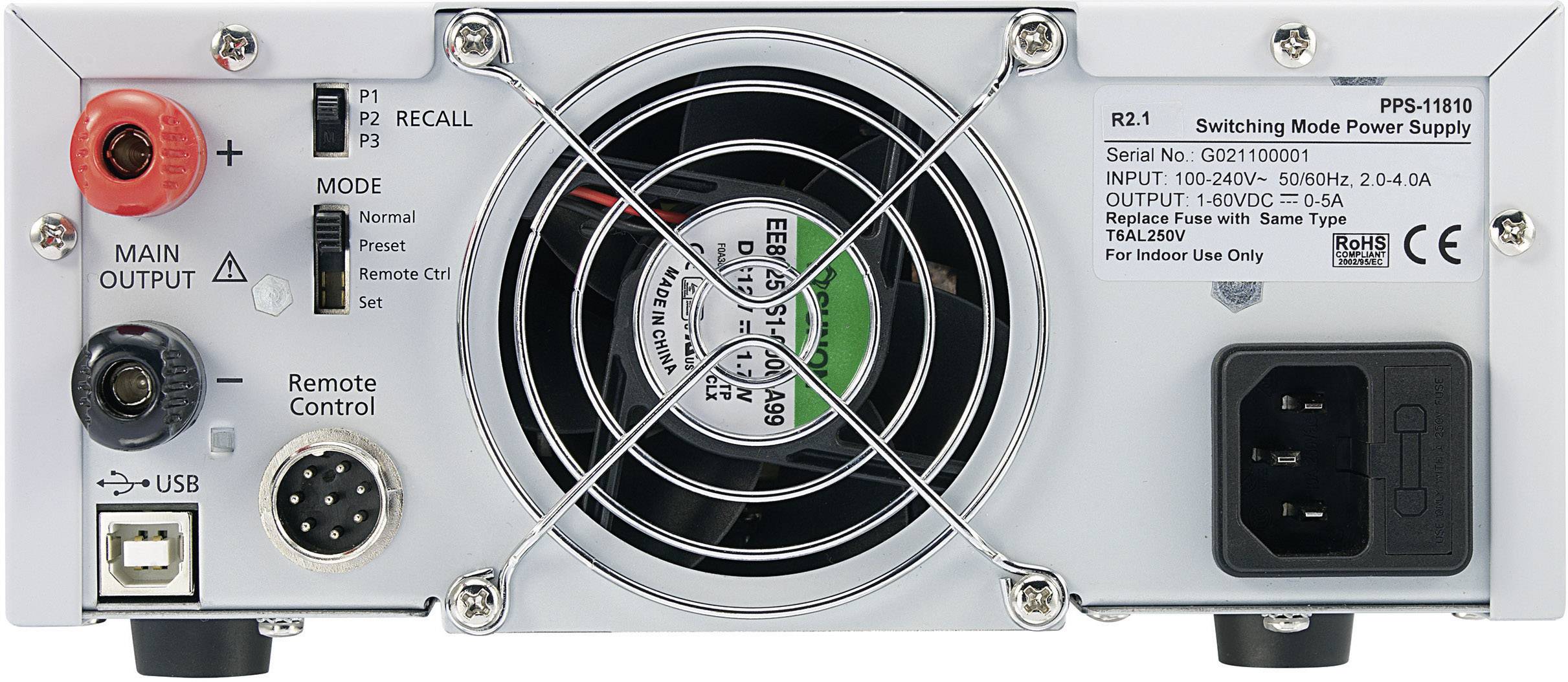 Dos d'une alimentation électrique avec ventilateur, port USB, interrupteur de sortie principale, connecteur de télécommande et spécifications électriques.