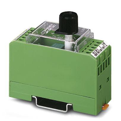 Un appareil électronique vert pour montage sur rail DIN, équipé d'un bouton rotatif noir sur le dessus. Il présente des spécifications techniques sur le côté.