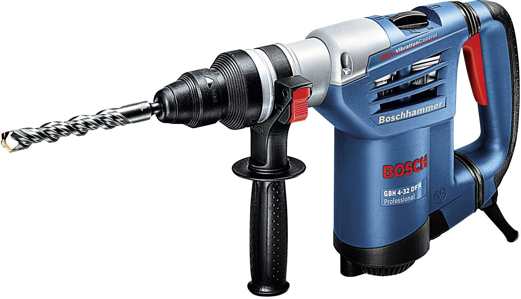 Perceuse électrique avec boîtier bleu, levier rouge et foret noir et gris. Marquage : « Boschhammer GBH 4-32 DFR Professional ».