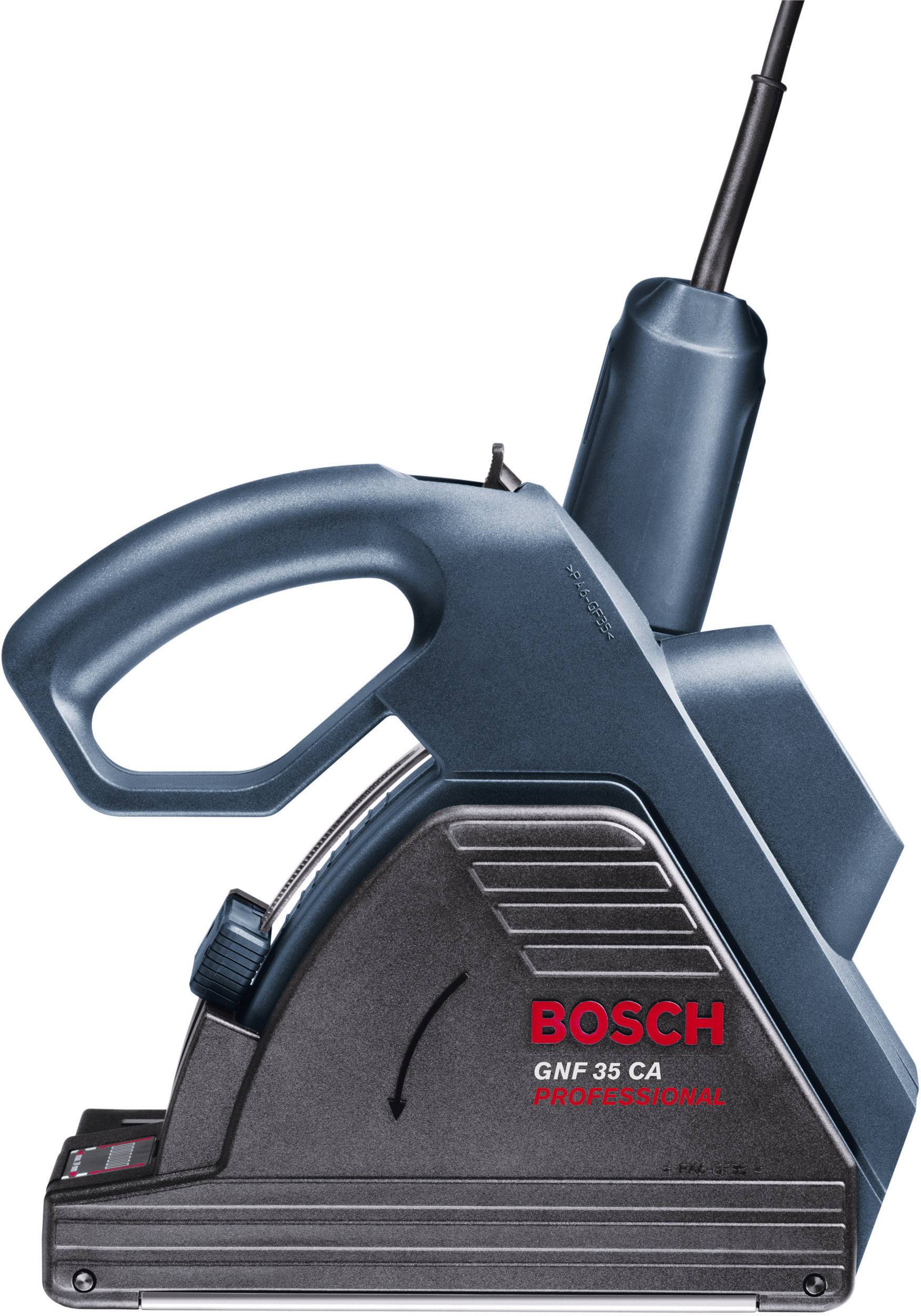 Une rainureuse électrique Bosch, modèle GNF 35 CA, en bleu et noir, avec une poignée ergonomique et un câble.