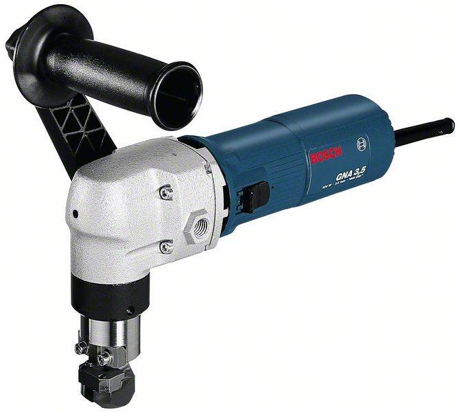 Outil professionnel Bosch : Grignoteuse électrique bleue avec poignée ergonomique et tête en métal robuste, adaptée aux applications industrielles.