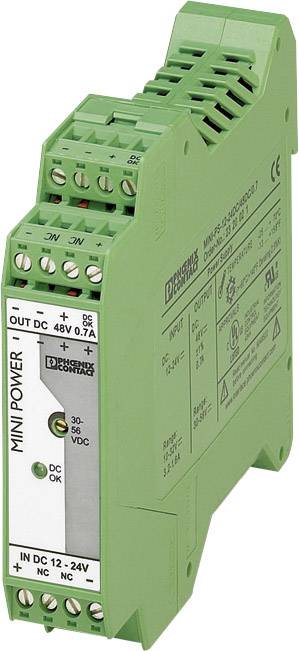 Un appareil de guidage vert sur rail 'MINI POWER', 48V-DC, 0,7A, avec bornes de raccordement et étiquetage.