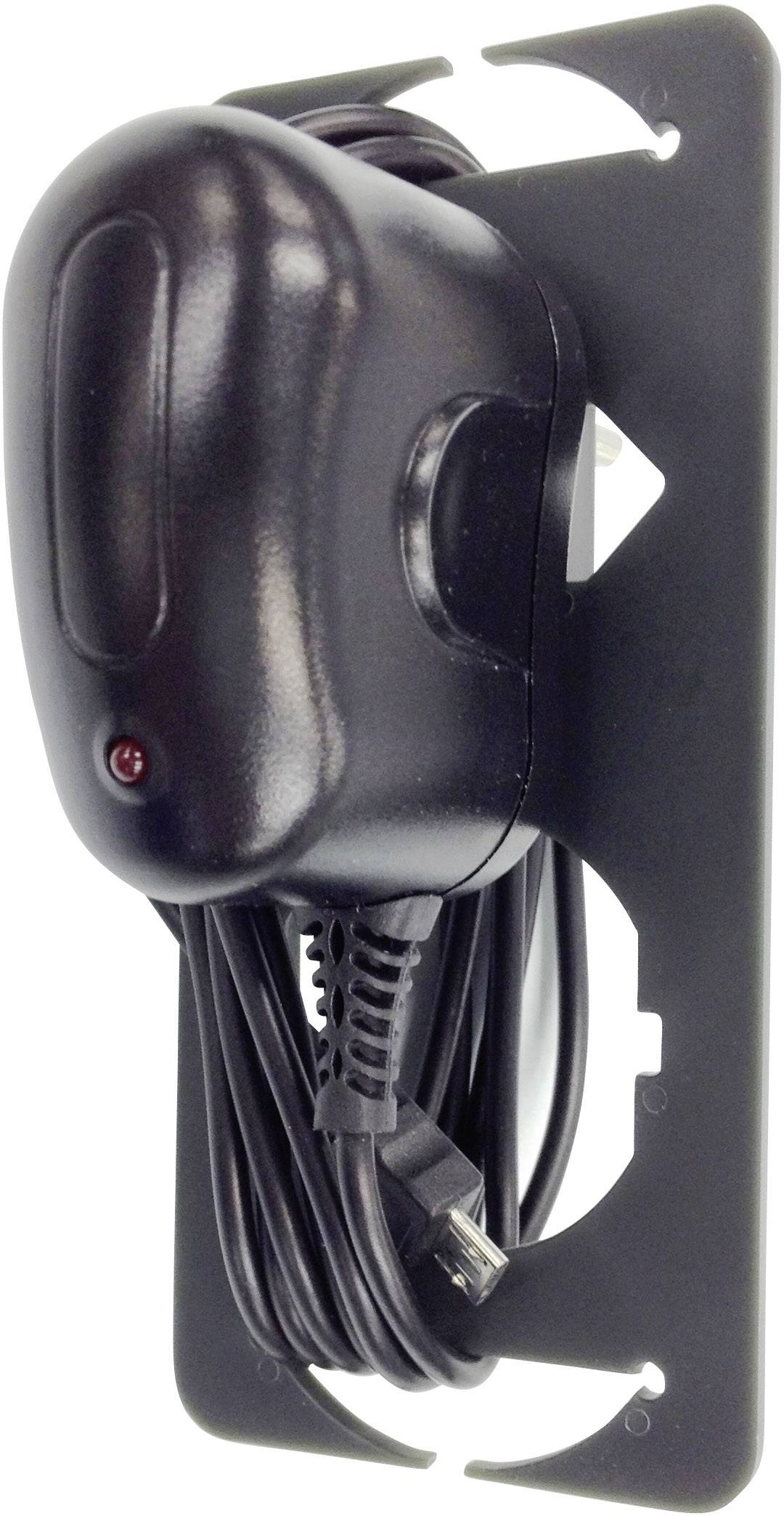 Chargeur noir avec câble enroulé, monté sur un support blanc. Conçu pour un rangement sécurisé et un accès facile au chargeur.
