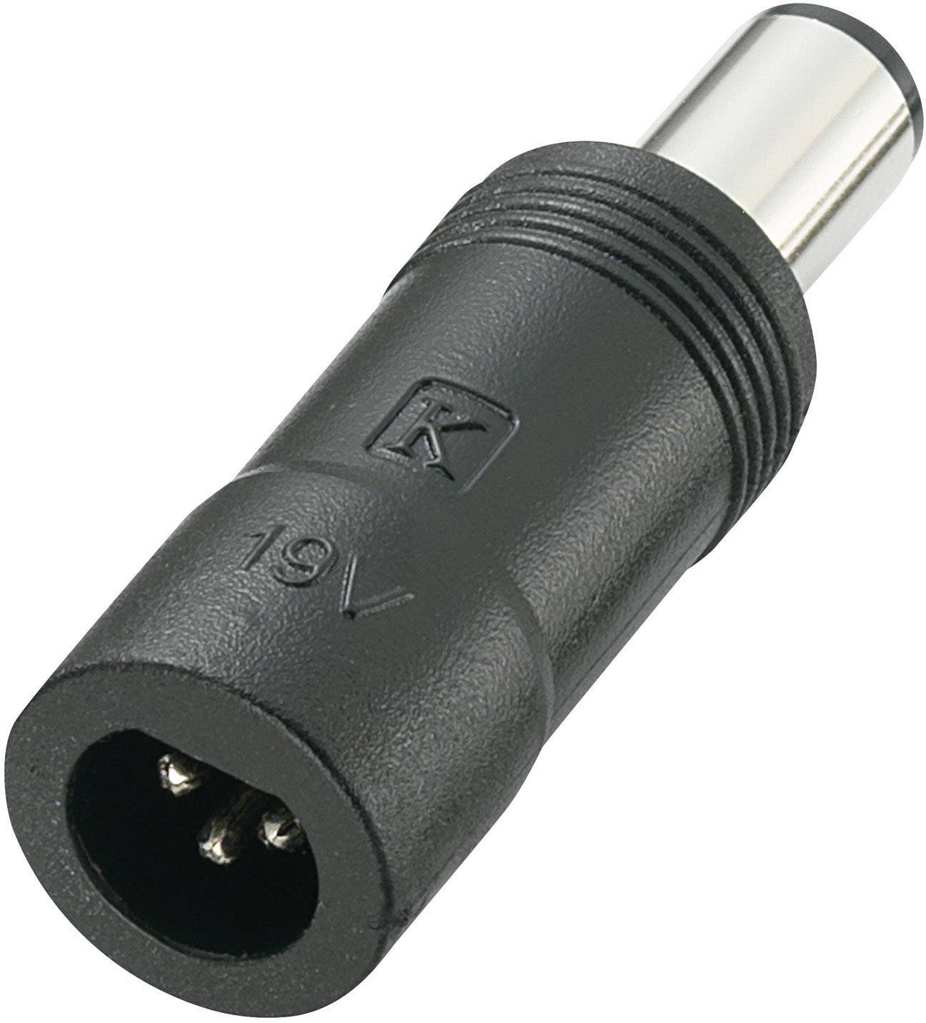 Adaptateur noir et gris avec embout métallique rond et l'inscription '19V'. Adapté aux appareils électroniques.
