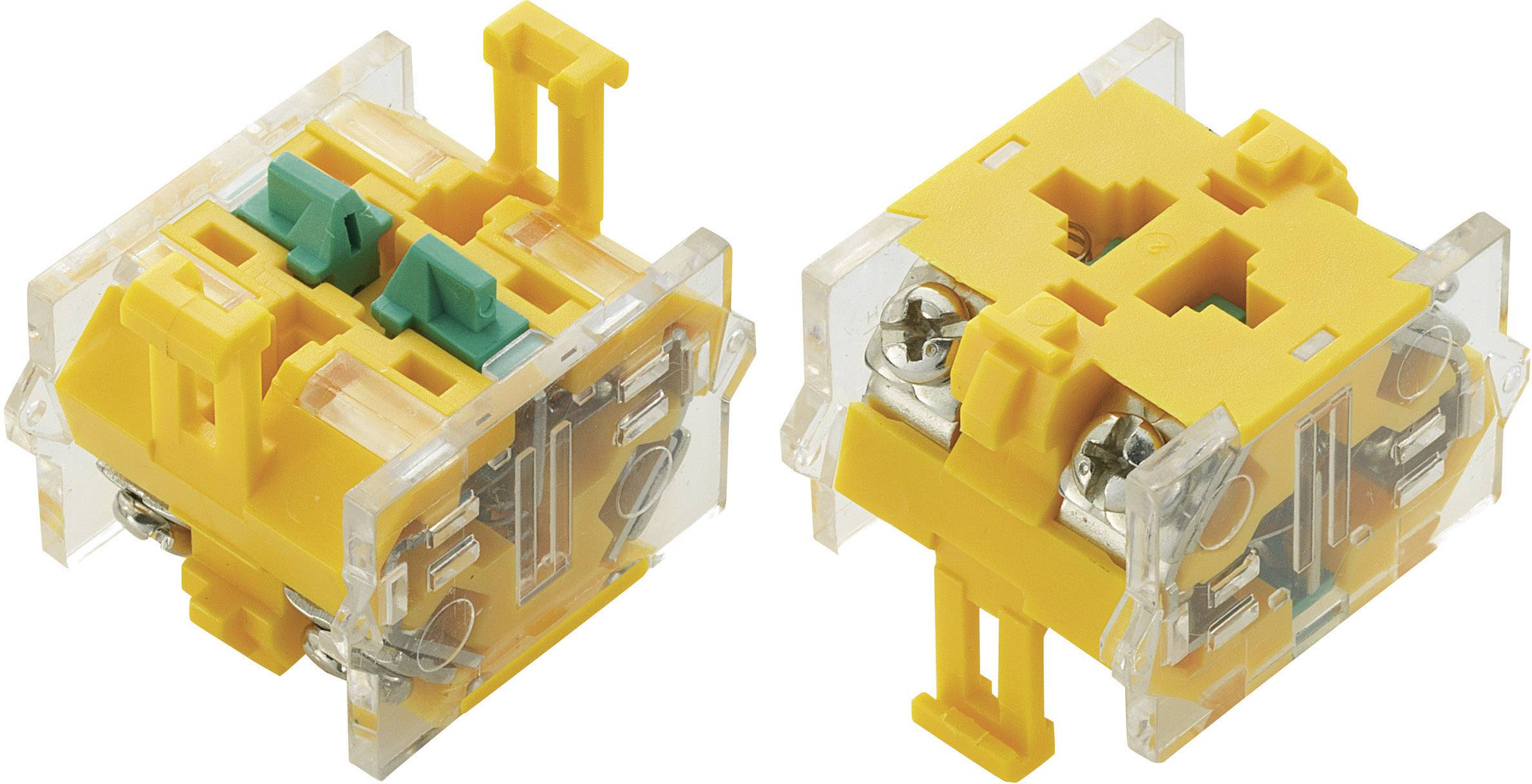 Deux composants jaunes à revêtement plastique avec des contacts métalliques et des éléments verts, probablement des pièces électriques ou des modules de commutation.