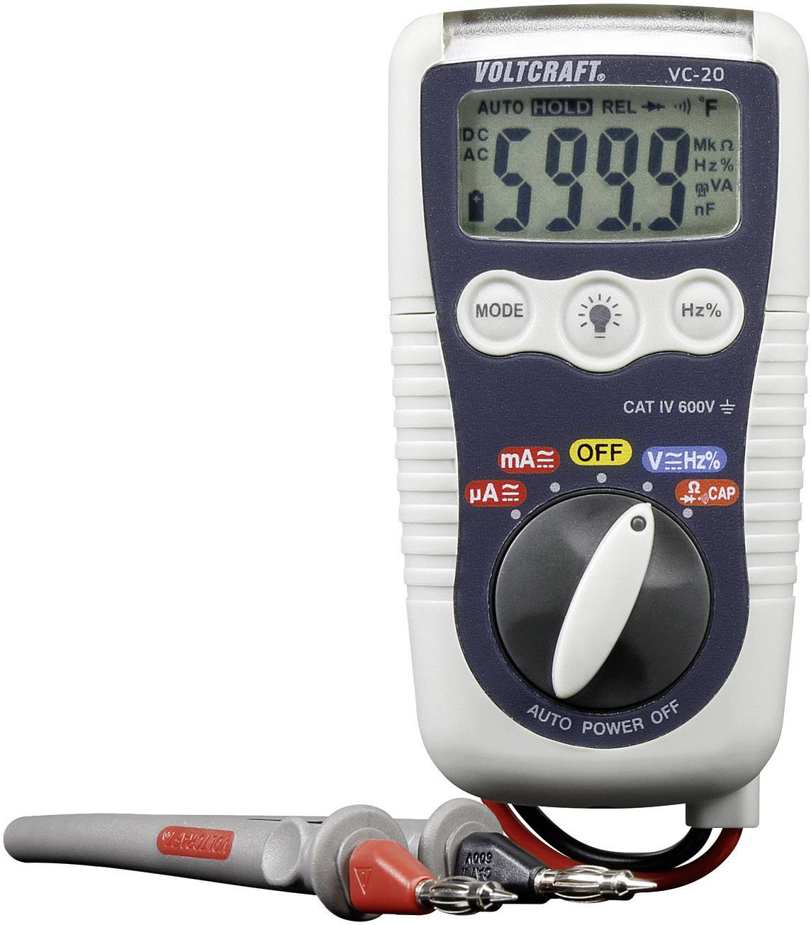 Multimètre numérique avec affichage '599.0', bouton rotatif de sélection de fonction et cordons de mesure. Adapté pour différentes mesures électriques.