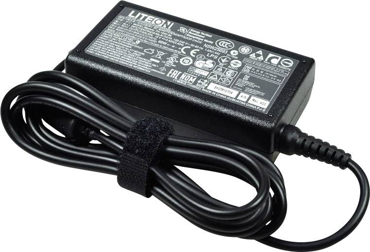 Un chargeur d'ordinateur portable noir avec un câble enroulé. Des marques et des caractéristiques techniques sont visibles sur le dessus.