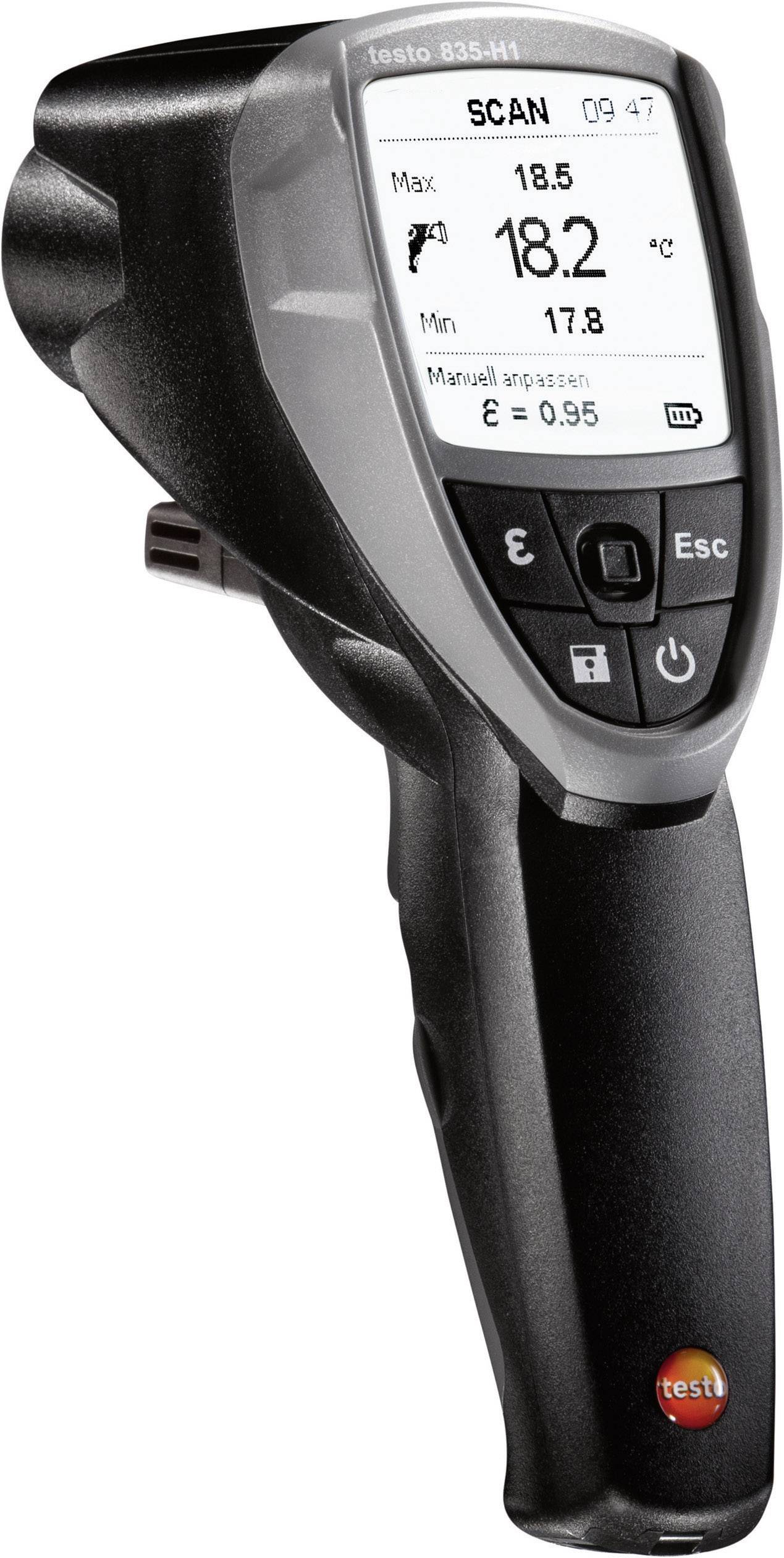Un thermomètre infrarouge affiche une mesure de température de 18,2 °C sur un écran. Un bouton de mesure à gauche, des touches de commande à droite.
