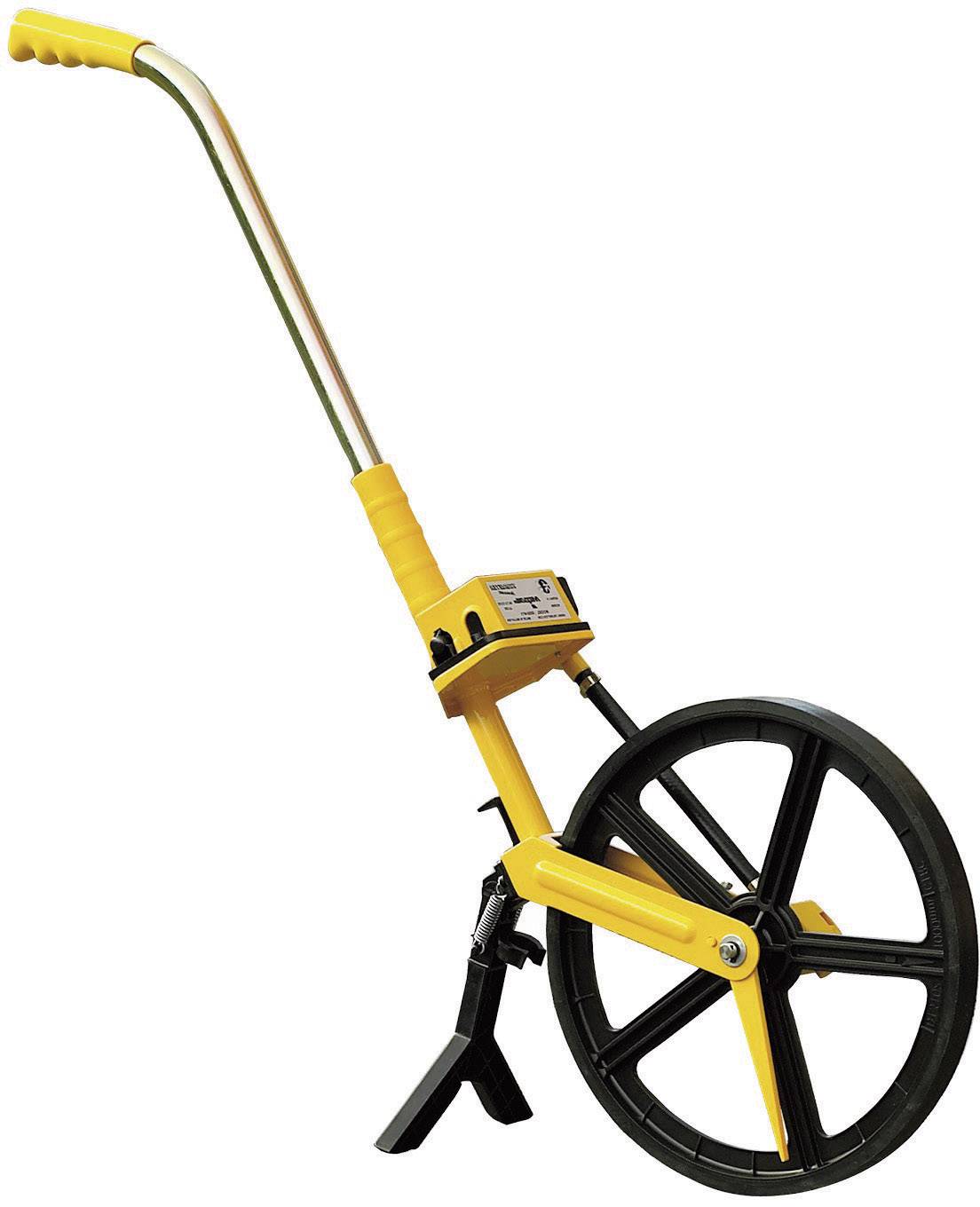 Roue de mesure jaune avec roue noire et longue poignée, utilisée pour mesurer précisément les distances.