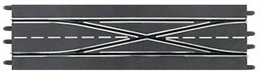 Tronçon de circuit de course de voitures de slot avec lignes de croisement sur fond noir, représenté en vue d'ensemble.