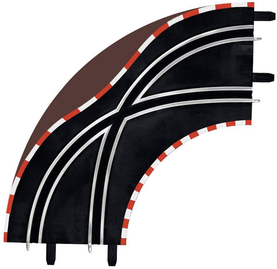 Un tronçon de piste sinueux avec trois voies parallèles ; les couleurs de la piste sont noir avec des bordures blanches et rouges.