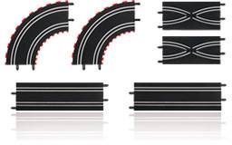 Un ensemble de pistes de course de jouets noires comprend deux segments de virage, deux segments de croisement et deux segments droits.