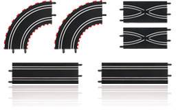 Six pièces de circuit de course de jouet noires, deux virages et quatre lignes droites, avec des marquages blancs.