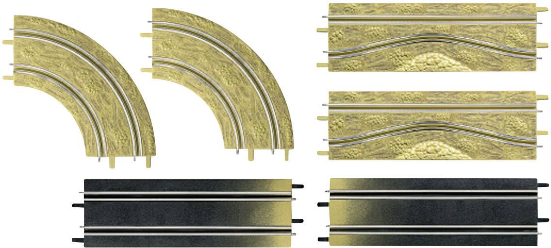 Piste de course pour modèles réduits : Six segments de rails pour construire un circuit, comprenant des virages et des lignes droites, en or et noir.