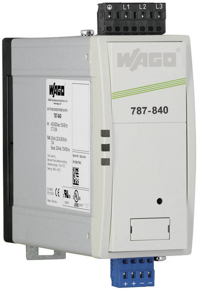 Un appareil électronique de la marque WAGO, modèle 787-840, destiné à l'alimentation électrique, doté de plusieurs connexions et présentant des informations techniques sur la page.