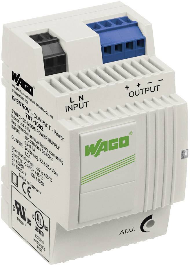 Un bloc d'alimentation WAGO, modèle EPSITRON Compact, présentant des connexions d'entrée et de sortie, adapté pour un montage sur rail DIN.