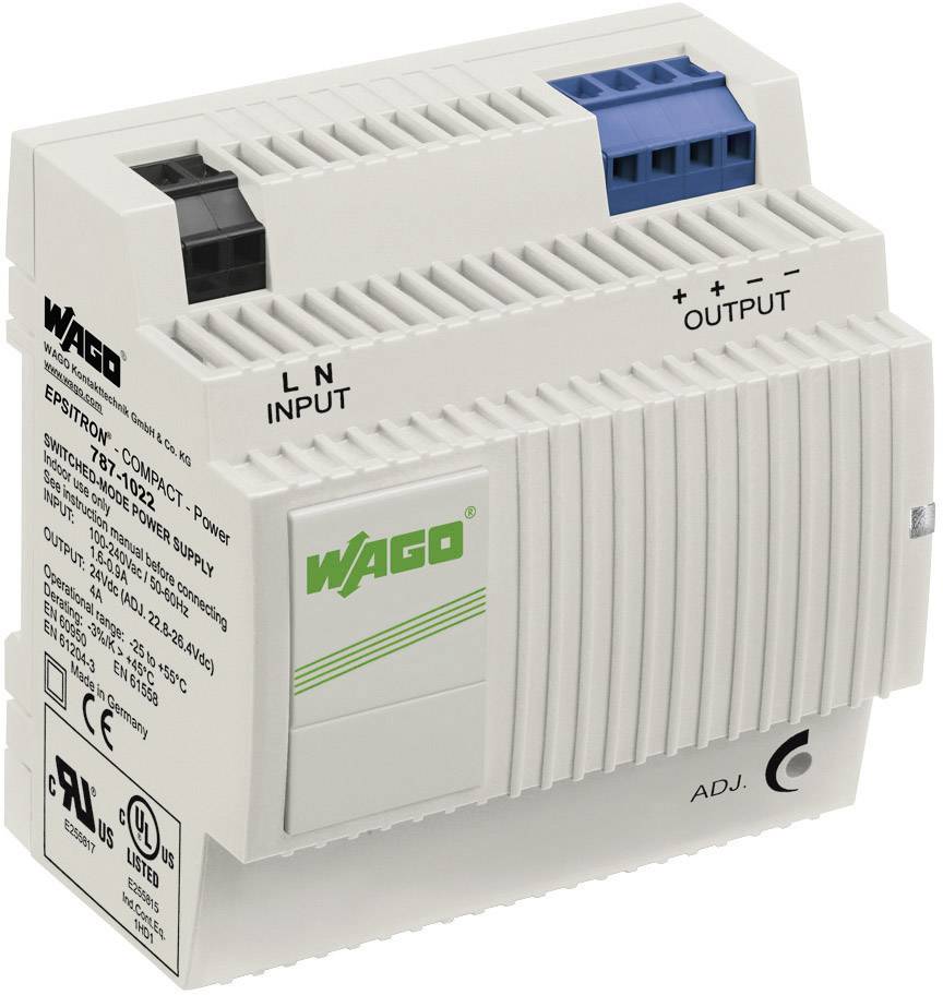 Unité d'alimentation WAGO, conception compacte, avec bornes d'entrée (L, N) et de sortie (+, -), adaptée pour un montage sur rail DIN.