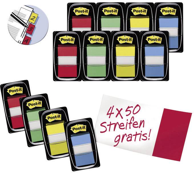 Lot de languettes autocollantes 'Post-it' en rouge, vert, bleu et jaune, 50 pièces de chaque couleur. Notice : '4 x 50 bandes gratuites !' dans un boîtier rouge.