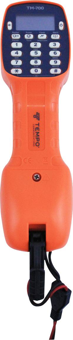 Oranges ensemble de téléphone de test avec combiné noir, clavier et câble de connexion, utilisé pour vérifier les lignes téléphoniques.