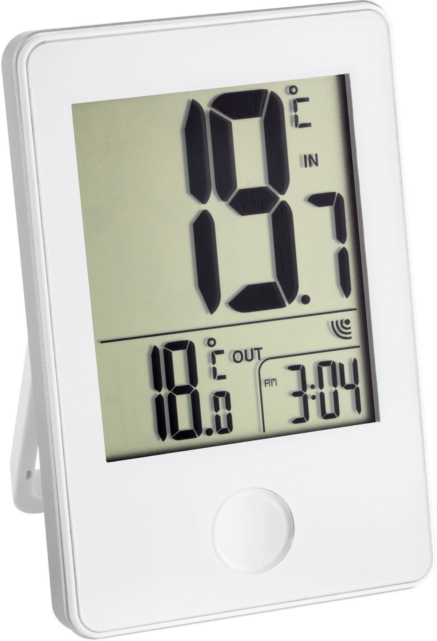 Thermomètre numérique affiche une température intérieure de 19,7°C, une température extérieure de 18,6°C et l'heure 3:04.