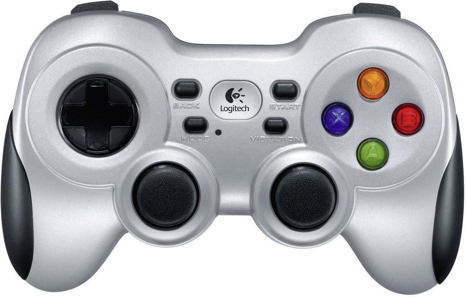 Une manette de jeu argentée avec une croix directionnelle à gauche, deux joysticks en bas, et des touches d'action colorées à droite.