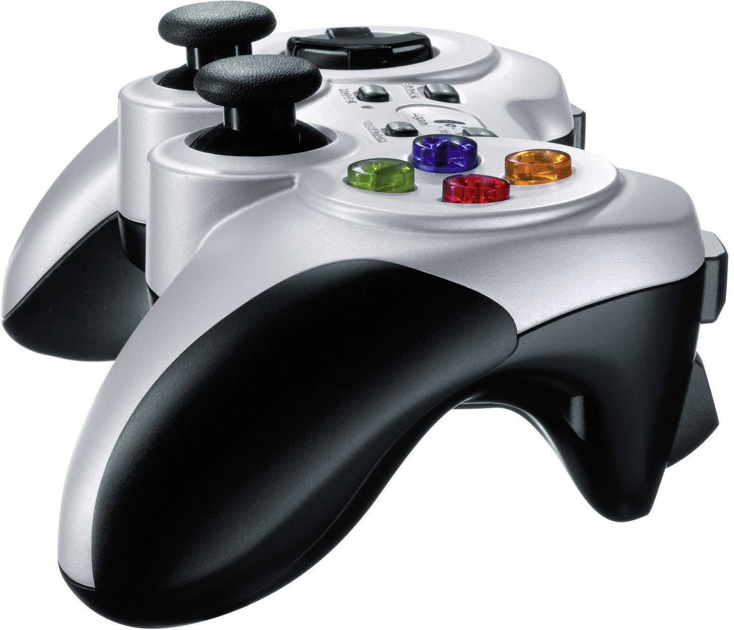 Une manette de jeu argent et noir avec des touches d'action colorées, deux joysticks et une croix directionnelle. Adaptée aux jeux vidéo.