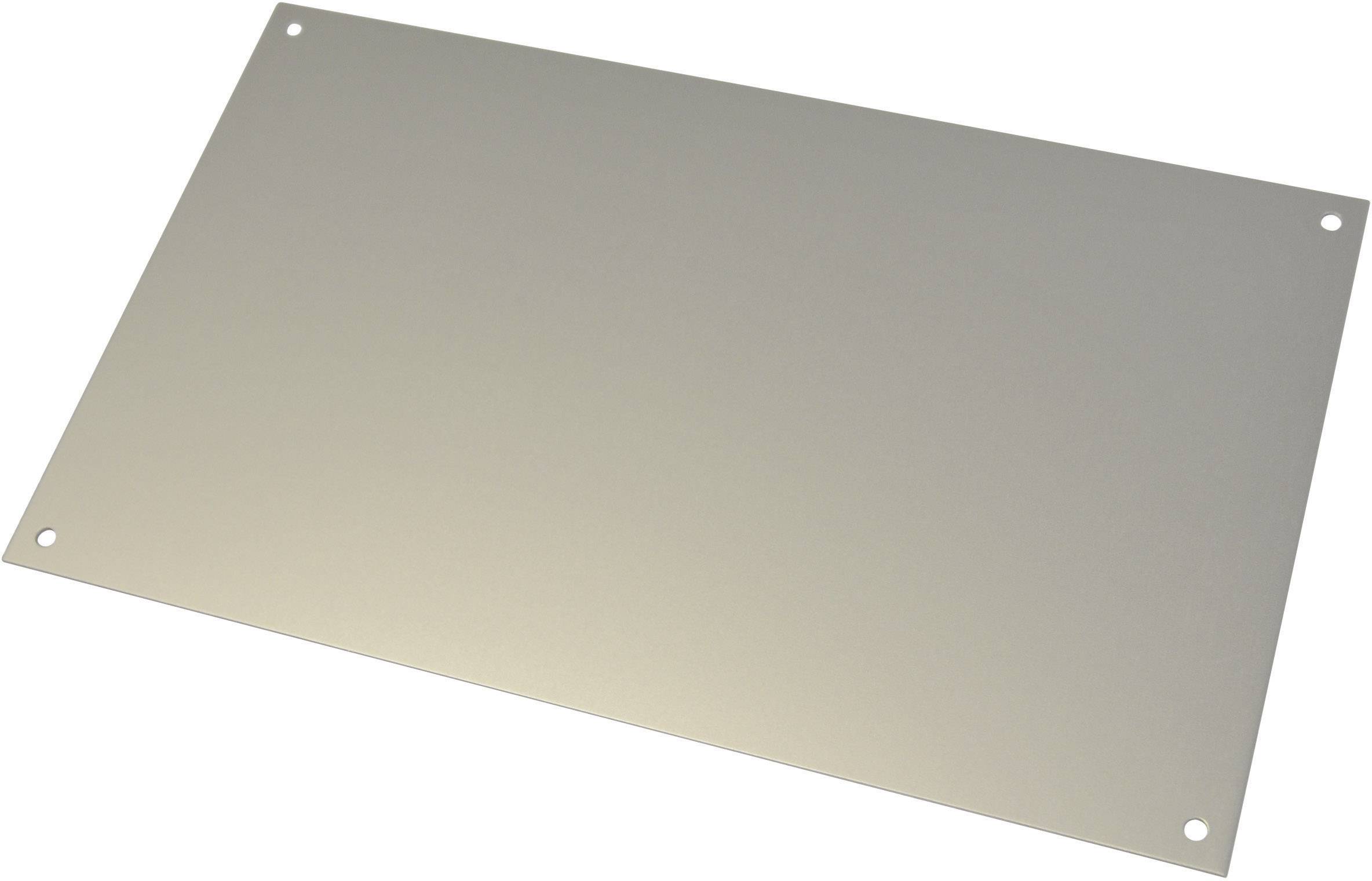 Une plaque métallique rectangulaire avec des trous ronds dans les coins. La surface est lisse et uniforme.