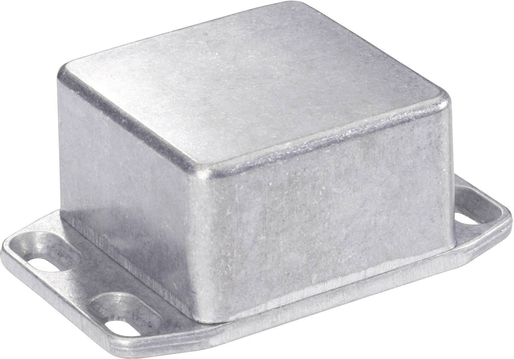 Boîtier métallique rectangulaire aux bords arrondis, équipé de deux œillets de fixation sur les côtés.