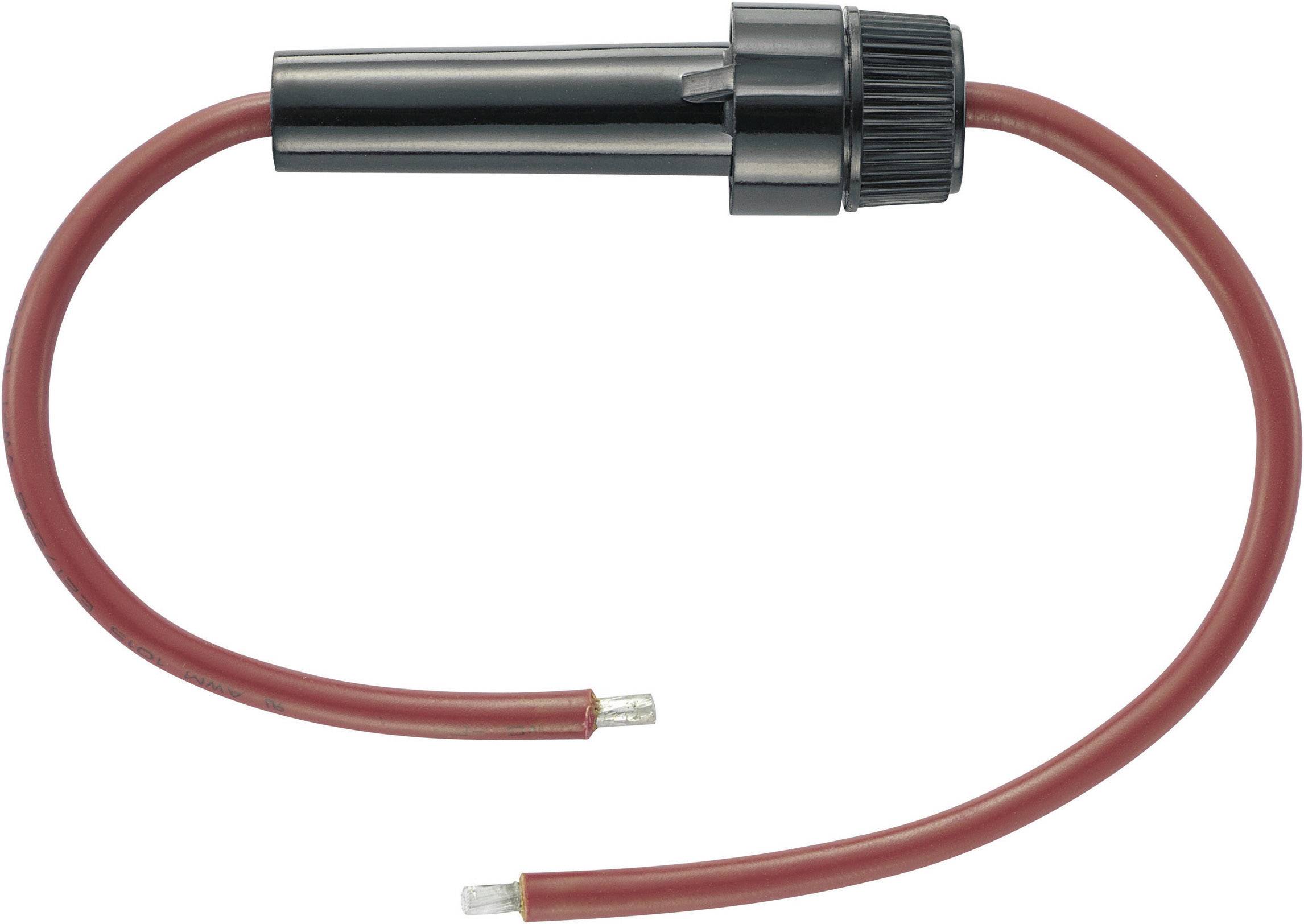 Un câble électrique rouge et flexible avec une fiche cylindrique noire à son extrémité, isolé, sur un fond blanc.