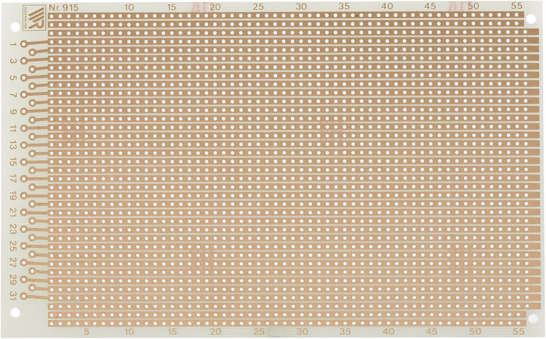 Platine brun-orange avec de petits trous ronds disposés en une grille uniforme. Numérotation en haut et à gauche.