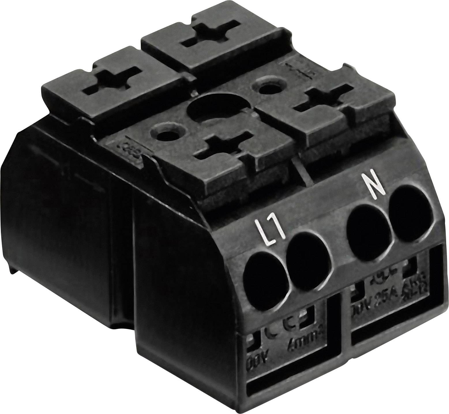 Borne de connexion électrique noire à trois ouvertures. Marquée 'L1' et 'N'. Utilisée pour la connexion de fils.
