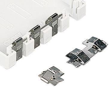 Support en plastique blanc avec trois attaches métalliques argentées, deux de ces attaches étant placées séparément à côté.