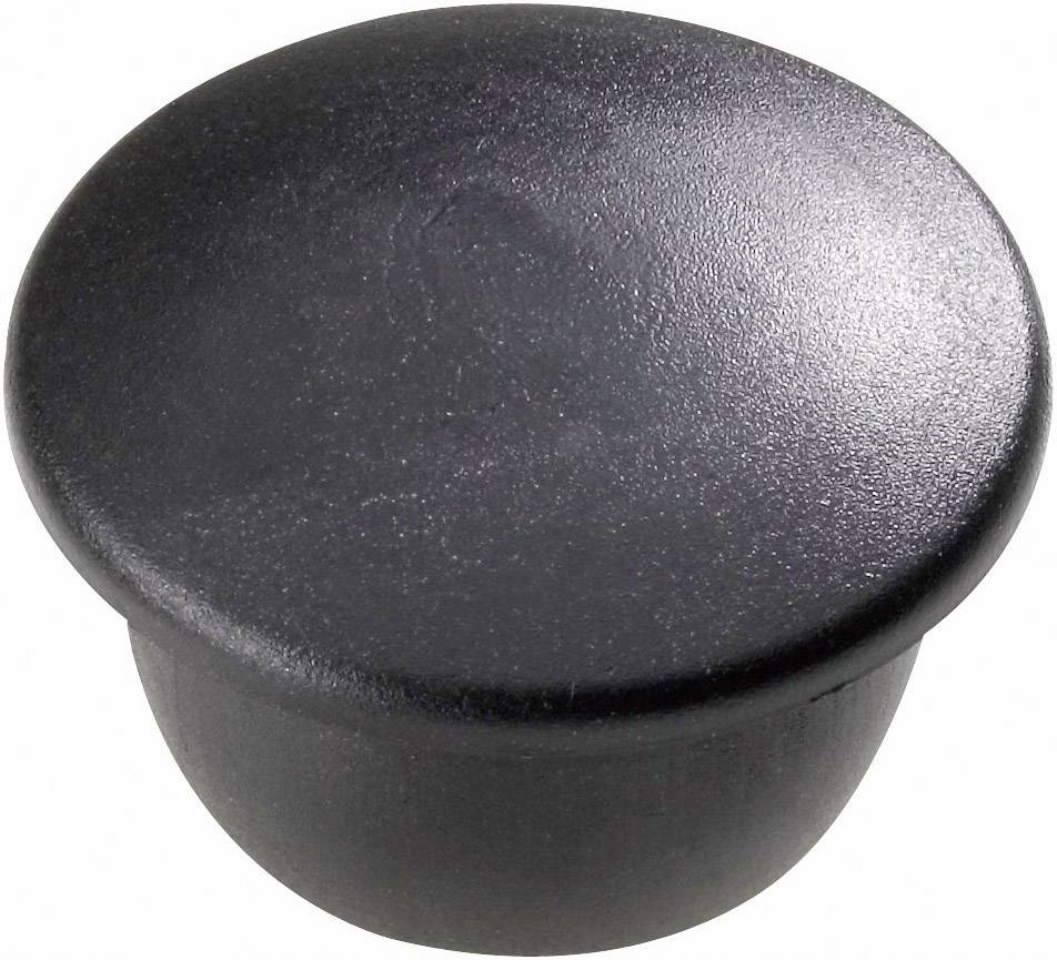 Bouchon en plastique noir, rond, utilisé pour obturer des trous ou des extrémités dans des meubles ou d'autres surfaces.