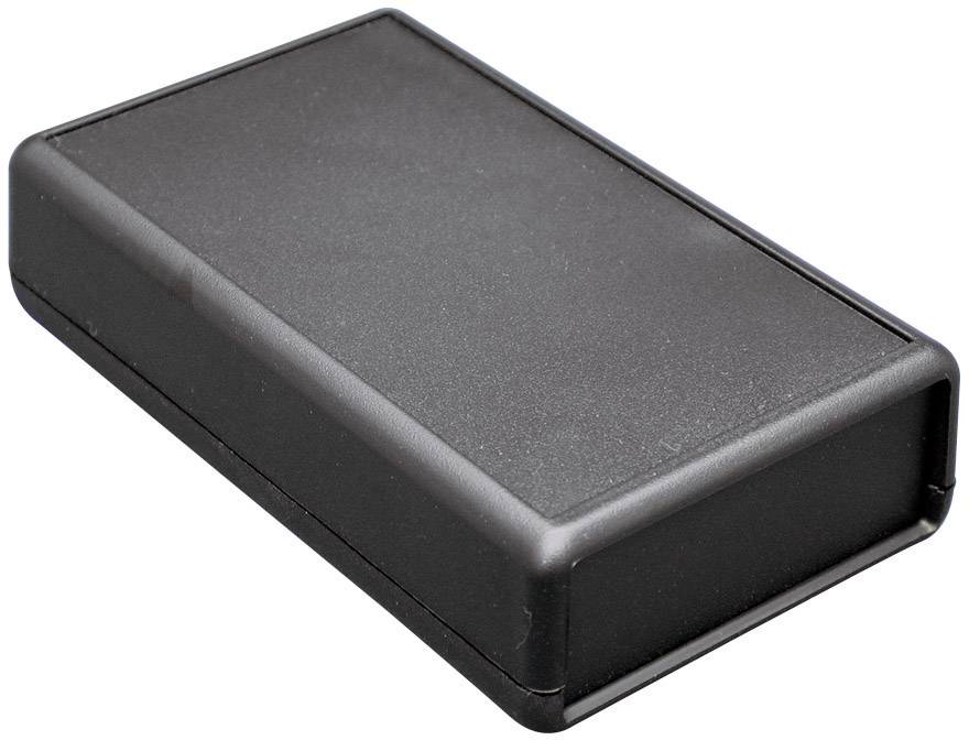 Boîtier en plastique noir, rectangulaire, plat et fermé. Il semble conçu pour l'intégration de composants électroniques.