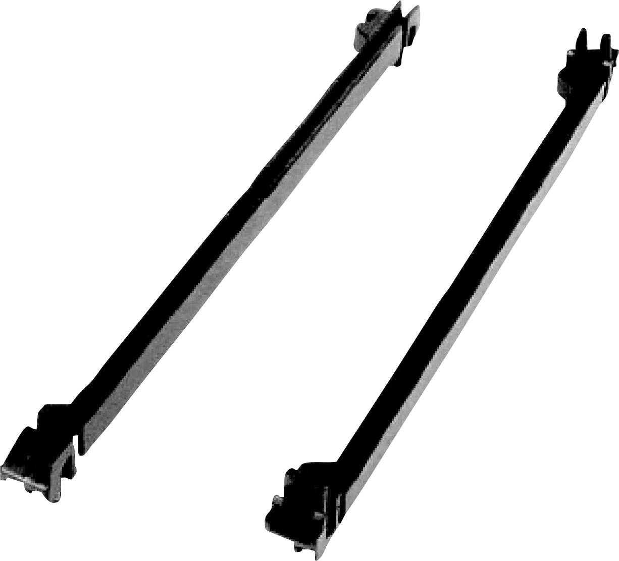 Deux rails de montage noirs, disposés parallèlement, sur un fond blanc. Utilisés pour la fixation de composants dans un boîtier.