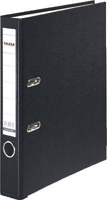 Un classeur noir avec mécanisme à levier et porte-étiquette sur le côté. Idéal pour la conservation de documents au bureau.